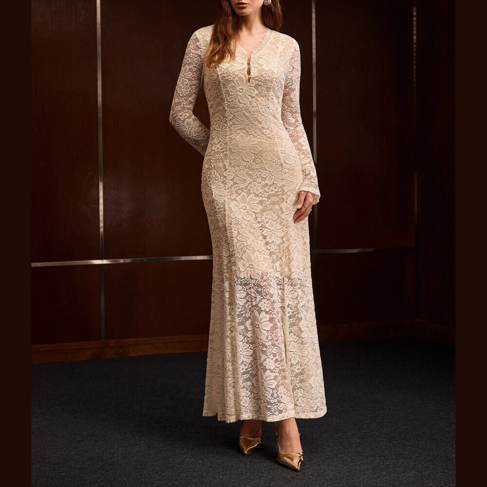 Cream Floral Lace V-Neck Long Sleeve Maxi Dress